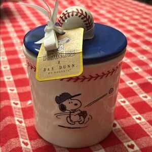 Rae Dunn Peanuts Ceramic Jar with Blue Lid